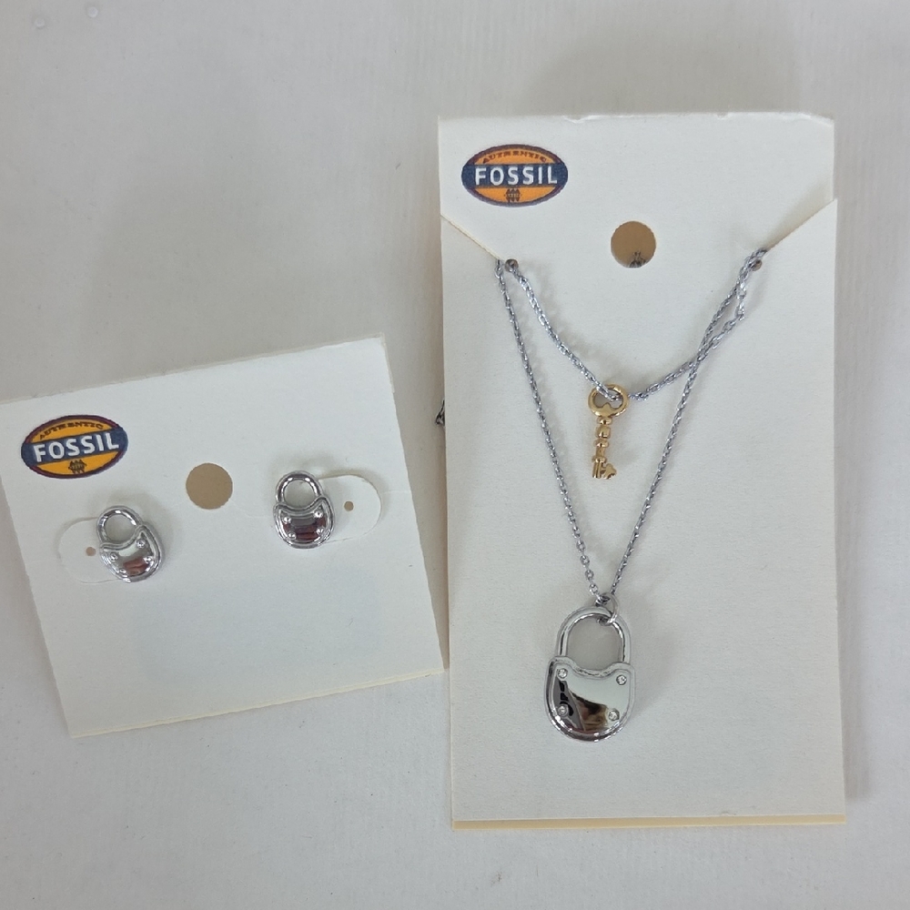 Fossil Silver and Gold Padlock Earring  and Necklace Set